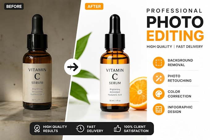 do product photo editing, retouching, background removal, and infographic design