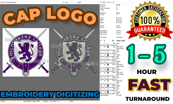 pro embroidery digitizing logo for caps in 2 to 6 hours