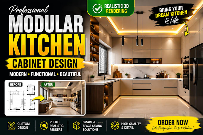 design realistic modern kitchen interior with 3d render