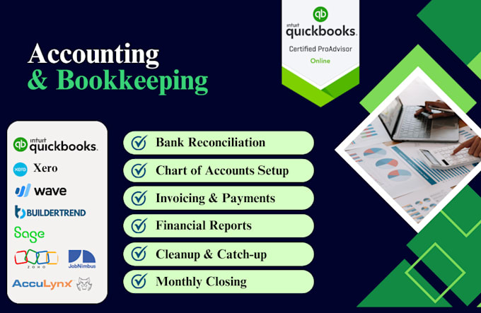 handle quickbooks setup, cleanup, and monthly financial reporting