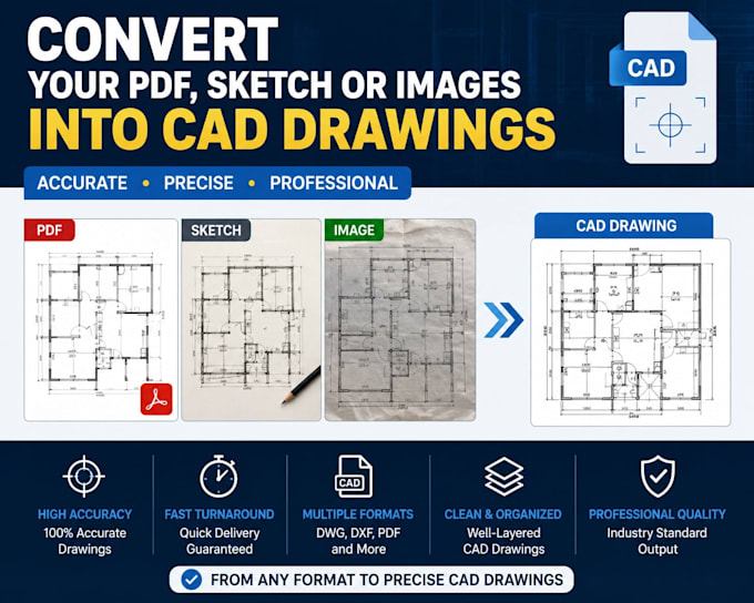 convert your PDF, sketch or images into a cad drawings