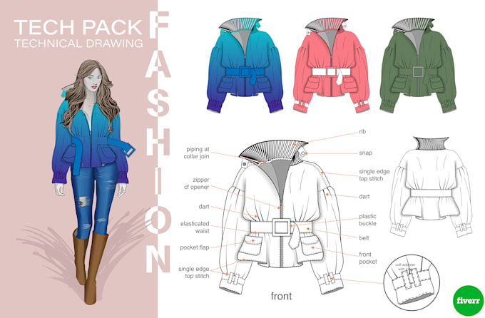 create fashion tech pack apparel clothing technical drawing