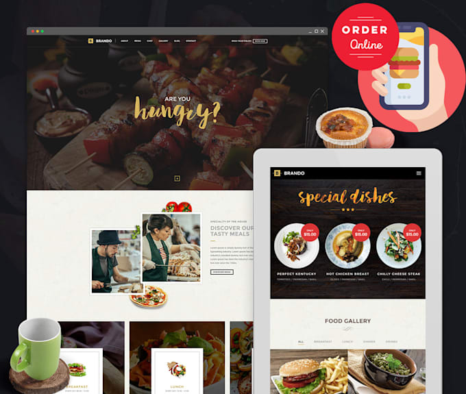 design wordpress restaurant website with a food order, delivery system
