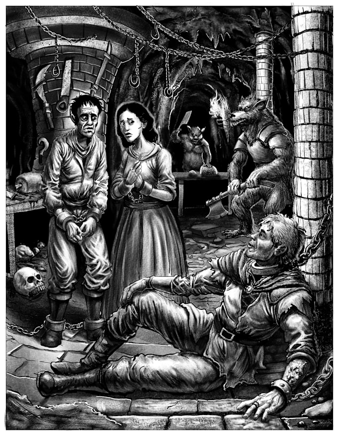 create a black and white pen and ink illustration