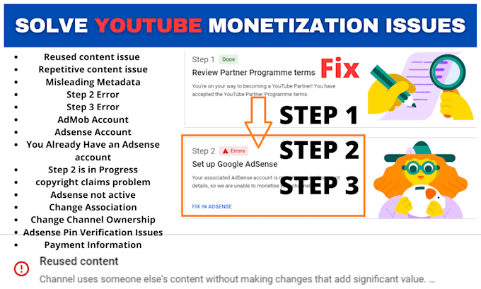 Fix youtube monetization issues, reused content issue, adsense problem ...