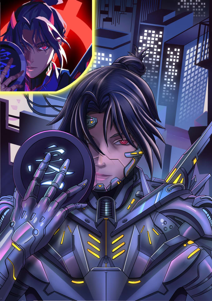 create cyberpunk  mecha style illustration for you