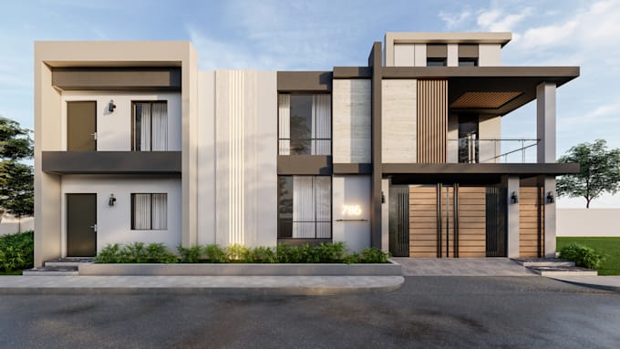provide photorealistic 3d exterior rendering and modern villa design