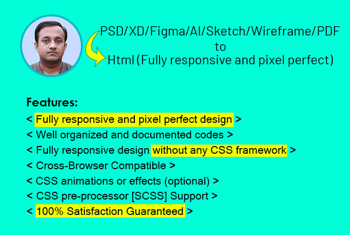 convert PSD to responsive html, xd to html, figma to html