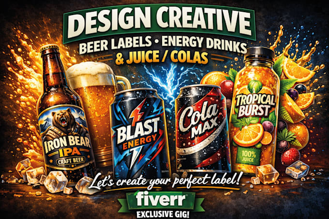 design creative beer label, energy drink, juice and colas