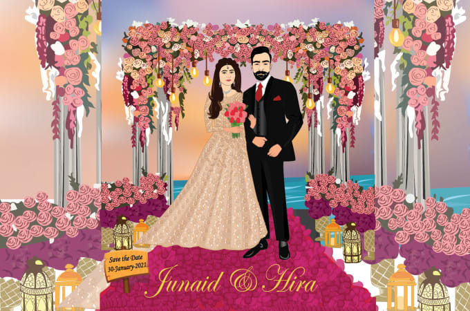 Make a customized wedding card with couple cartoon by Ali_saleem1107 |  Fiverr