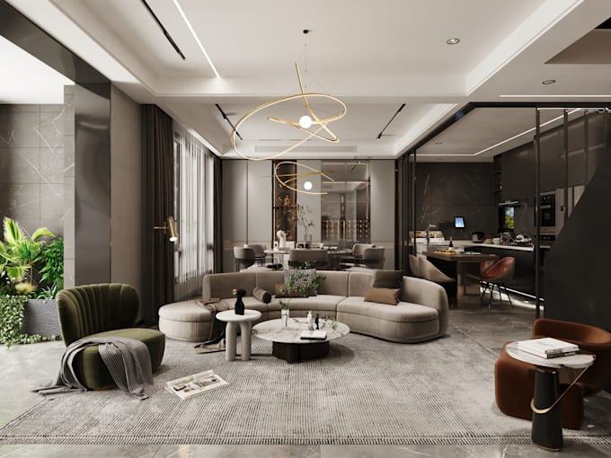 do a realistic 3d living room interior design using 3ds max