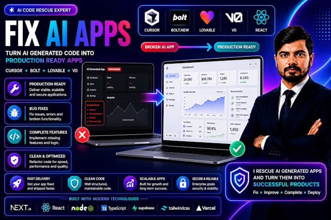 fix and complete ai generated apps from cursor bolt lovable and v0