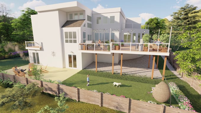 design landscape,3d modeling, backyard, patio, pool
