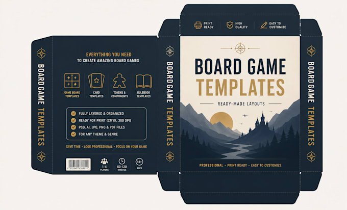 create a board game design, box or card templates, character design