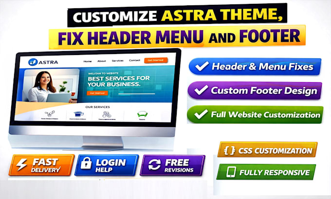 customize astra theme,fix header menu and footer