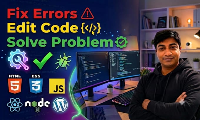 fix, edit HTML, CSS, javascript, react,  node, wordpress code, errors