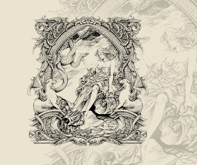 make detailed dark art vintage with engraving style