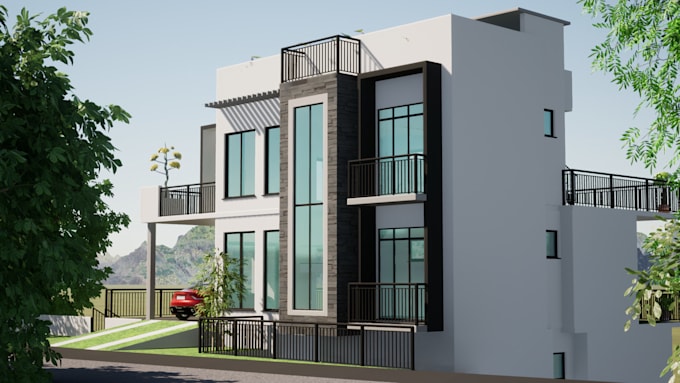 design house exterior model, 3d rendering, walkthrough