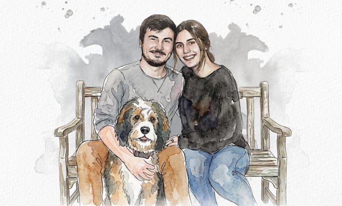 draw custom digital watercolor portrait for family couple or pets