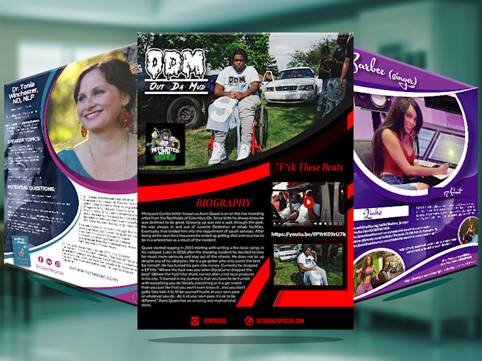 design professional artist, speaker, influencer one sheet, press kit, flyer