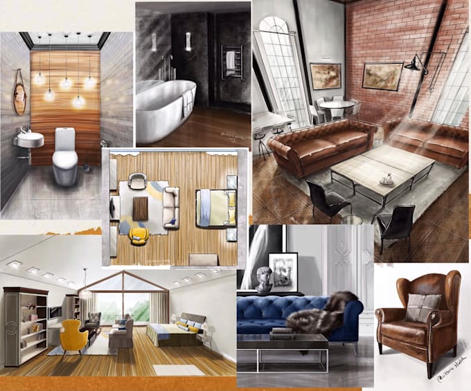 do catching interior digital sketch illustration visualization