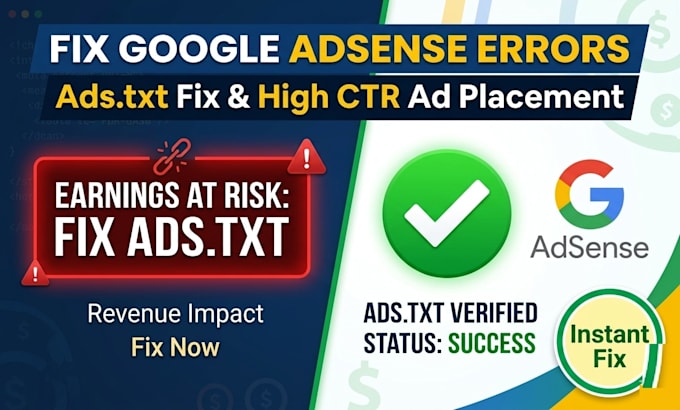 place google adsense ads, fix ads txt errors, and setup ad codes