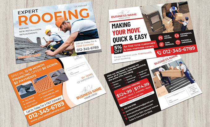 design postcard, flyer for roofing, moving, pressure washing, lawn care, damage