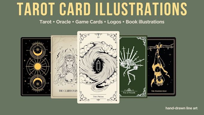 illustrate custom tarot cards in line art style