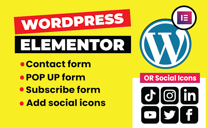 add contact form, subscription form, popup form, social icon elementor website