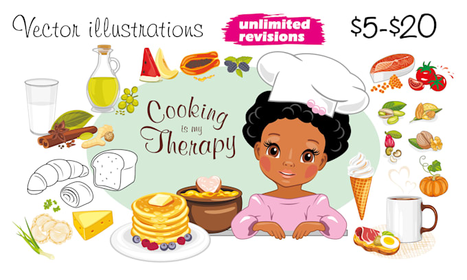 draw food, drinks and any illustrations a cooking theme