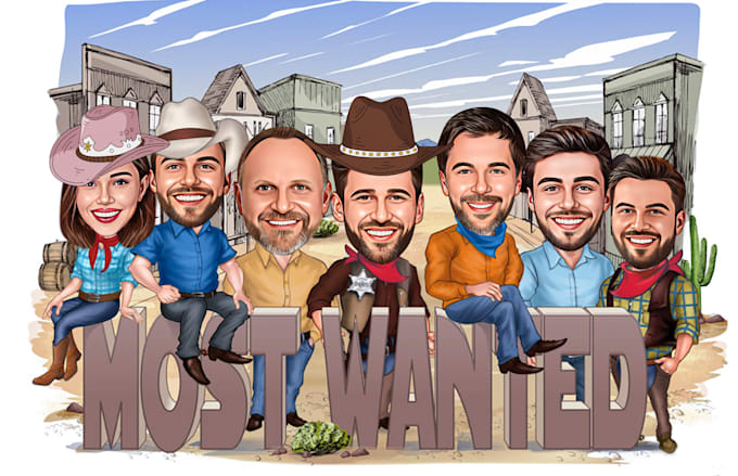 custom group caricature cartoon, business team caricature