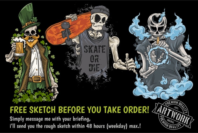 I will hand draw artwork with skull and skeleton style