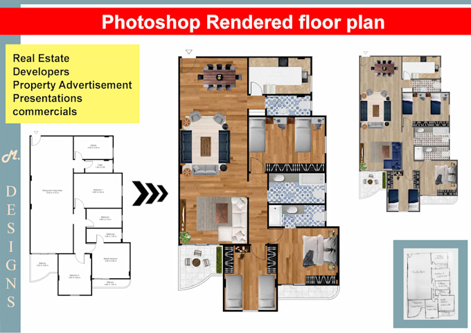 do photoshop rendered floor plan and layouts for real estate