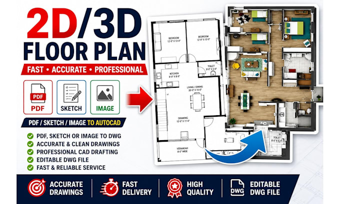 convert PDF, sketch or image to autocad floor plan dwg