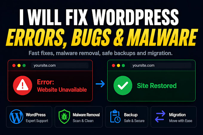 fix wordpress errors, bugs, malware and backup migrate