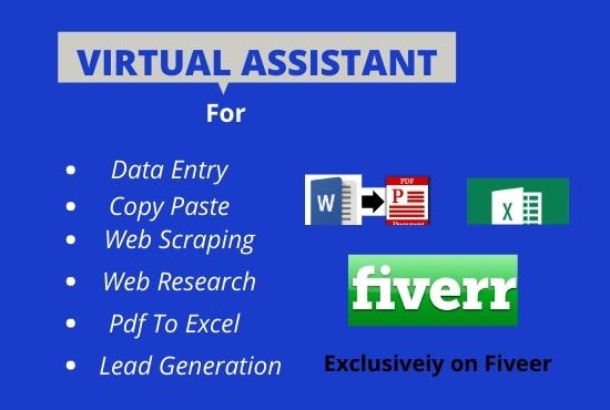 do data entry, web scraping, web research, lead generation, copy paste as VA