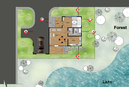 draw anything in autocad 2d floor plan, photoshop render