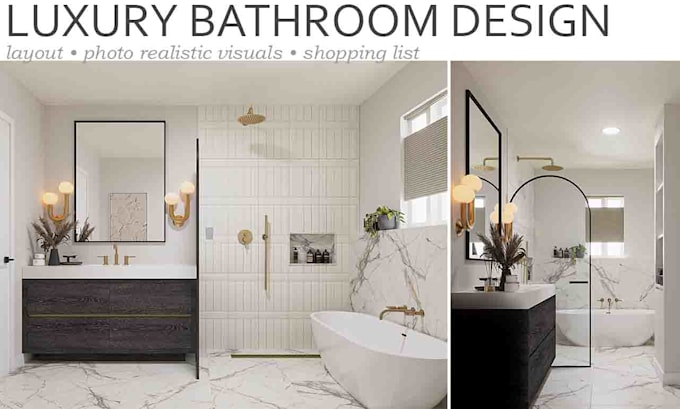 design luxury bathroom interiors with realistic 3d renders and layout plan