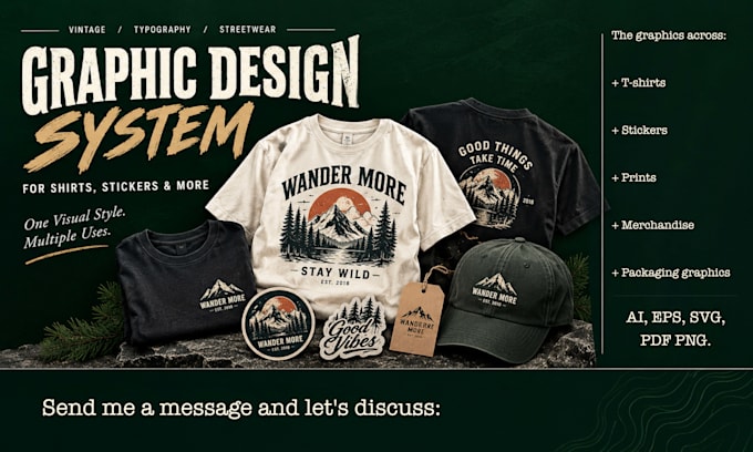do a vintage or typography graphic design system for shirts, stickers, and more