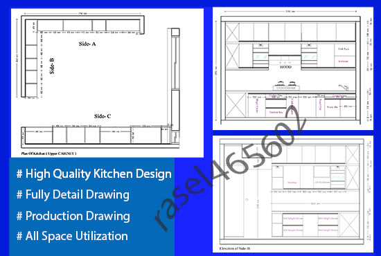 do your kitchen design in auto cad 2d, 3d