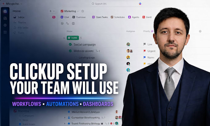set up agency clickup workflows, automations, and dashboards