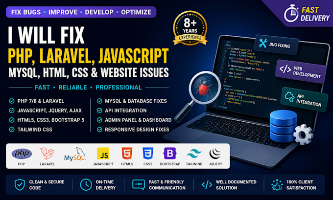 fix PHP, javascript, mysql, web app bugs