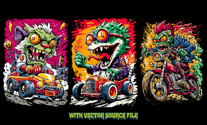 draw detailed rat fink tshirt design , hot rod, rat rod