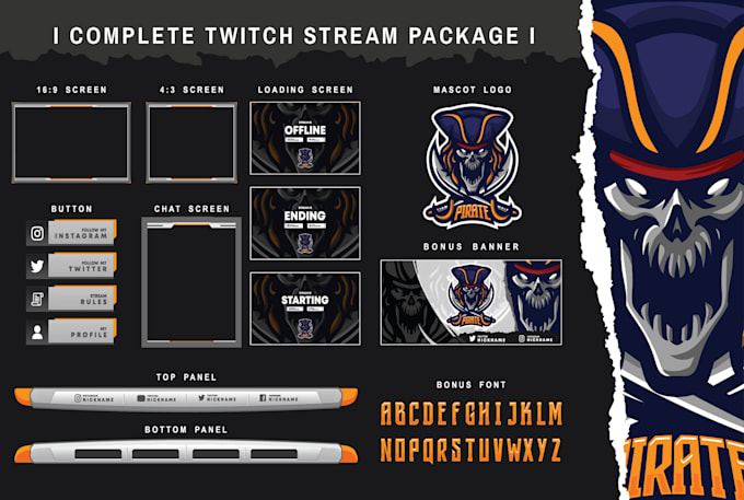design twitch screens, overlay, logo, panels and alerts