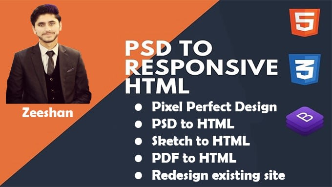 convert PSD to HTML, sketch to HTML, and PDF to HTML responsive