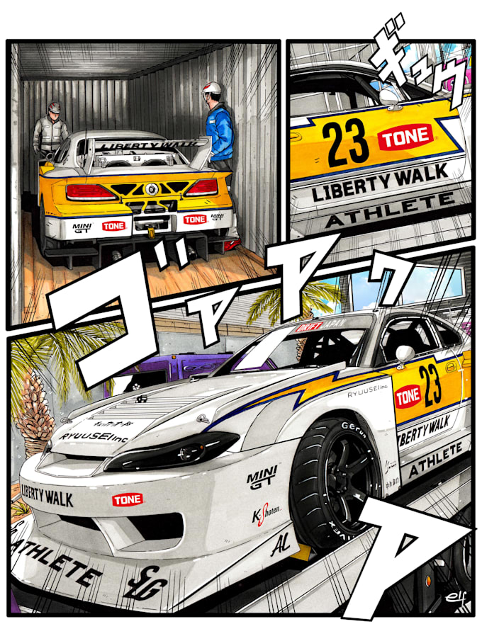 manually hand drawn your car into a manga page