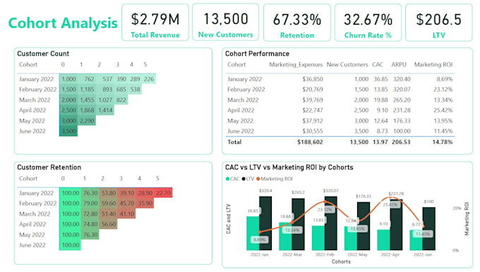 do cohort analysis, retention, churn out , ltv, lost revenue