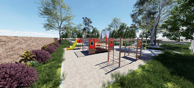 create a 3d rendering of children park and playground