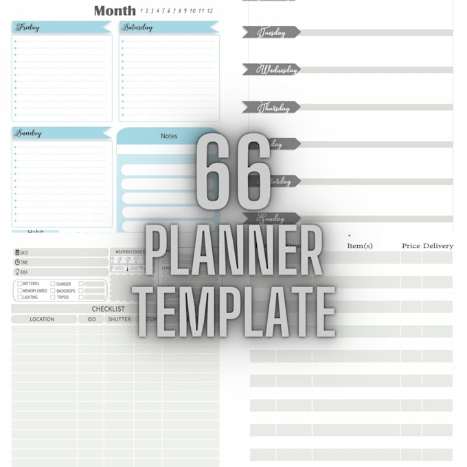 provide 66 printable planner template, divided into category