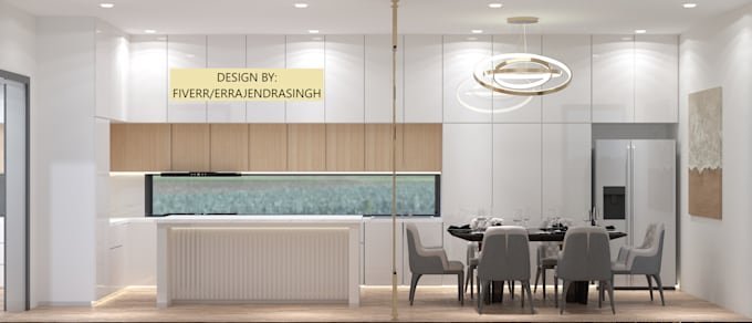 design kitchen interior in 2d measurement, 3d and render